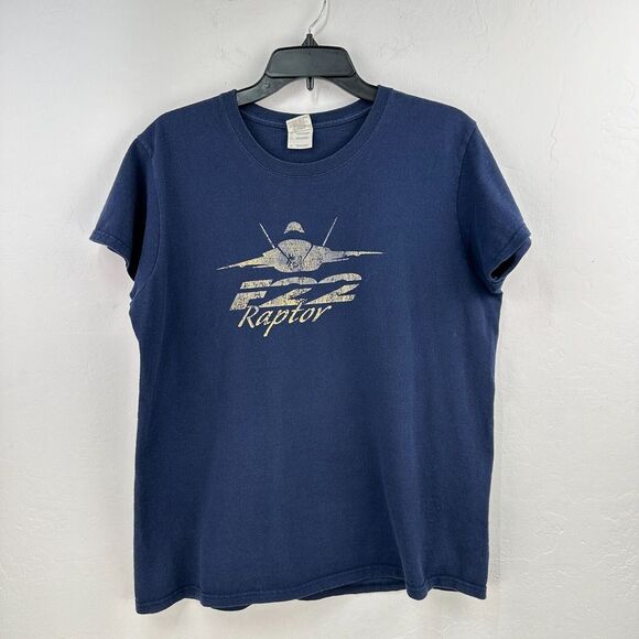 Gildan T-shirt F22 Raptor Mens L‎ Blue Gold Cotton Short Sleeve Pullover Jet - Picture 1 of 7